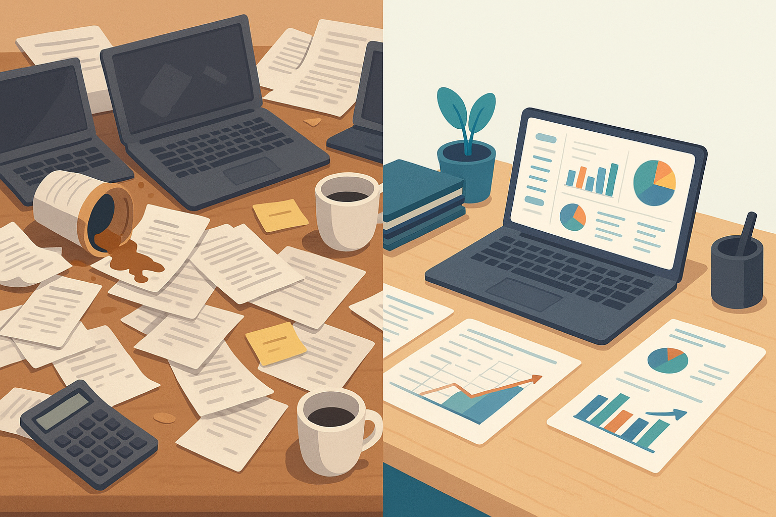 chaotic desk- an organized desk with reports